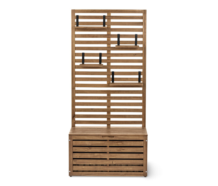 Ławka balkonowa z parawanem „Lenja” ze skrzynią do przechowywania z brązowego drewna.