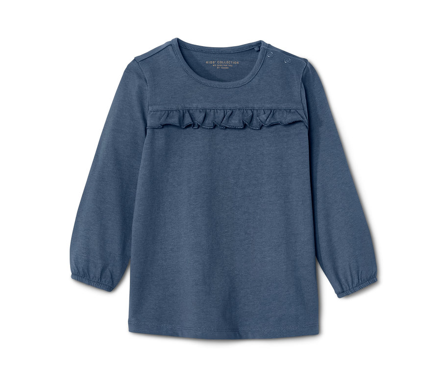 Niebieska bluzka z długim rękawem dla małych dzieci z falbanką.