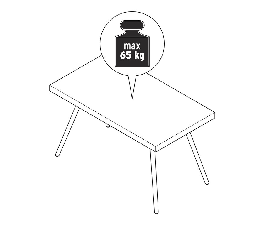 Szkic stolika kawowego z blatem z policementu i maksymalnym obciążeniem 65 kg.