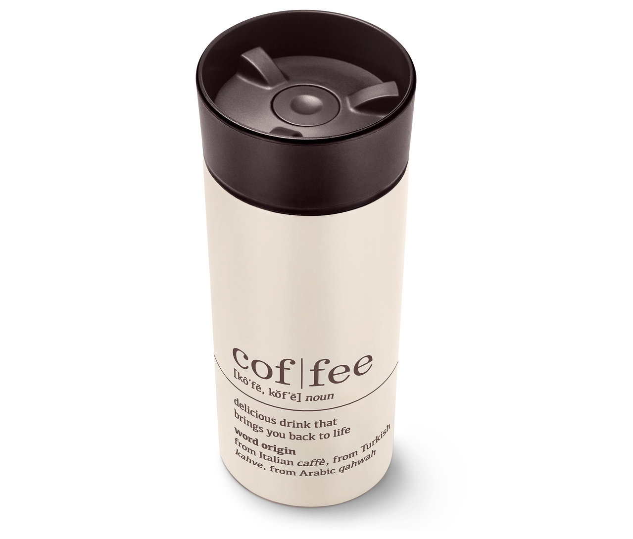 Kubek termiczny na kawę Coffee Dictionary z czarną pokrywką.