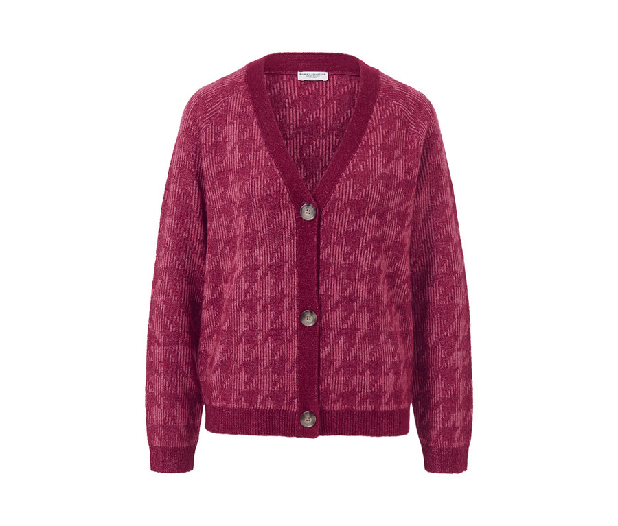 Bordowy kardigan o grubym splocie w pepitkę zapinany na guziki.