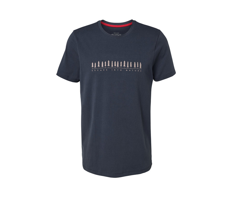 Granatowa koszulka z nadrukiem.