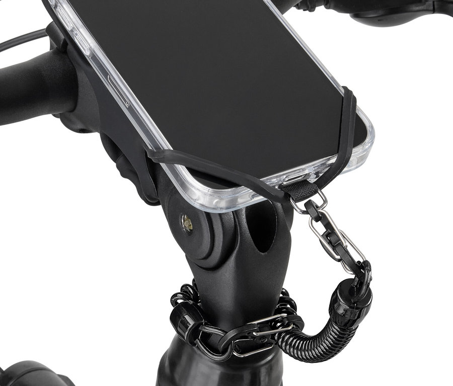 Telefon komórkowy przymocowany do kierownicy roweru za pomocą łańcuszka zabezpieczającego.