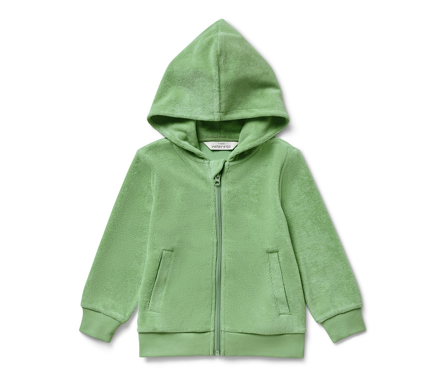 Zielona bluza z tkaniny frotté dla dzieci, zapinana na zamek i z kapturem.