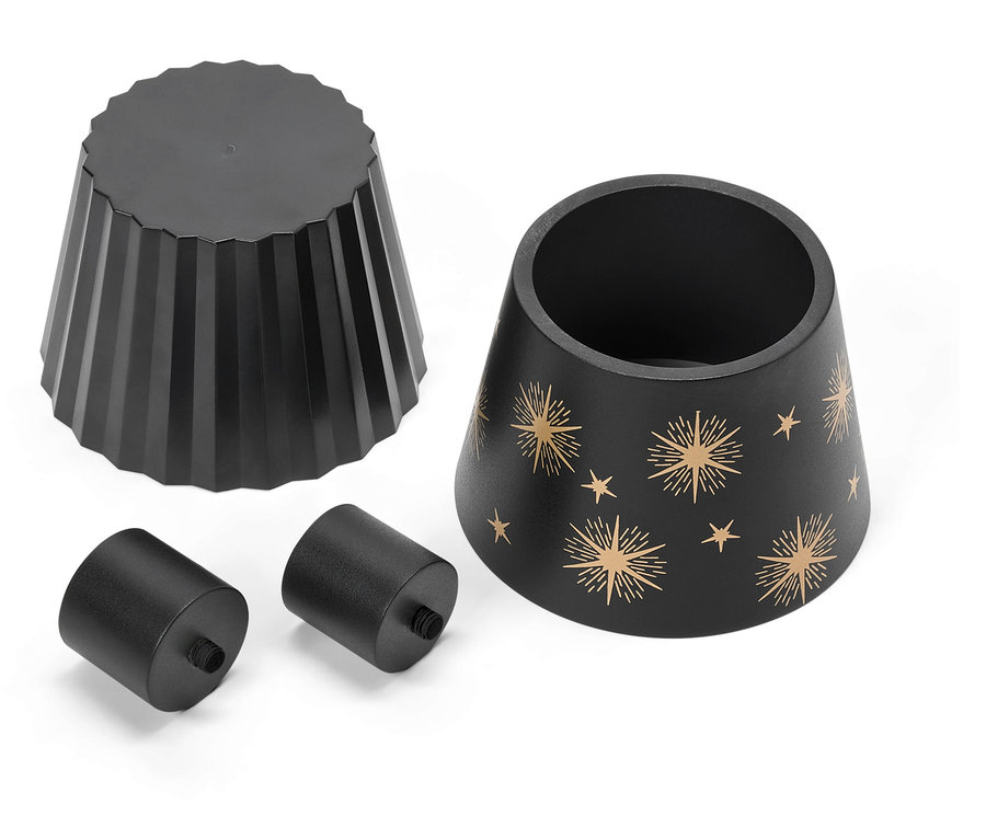 Czarne elementy lampy stołowej, w tym klosz, podstawa i dwie śruby, na białym tle.