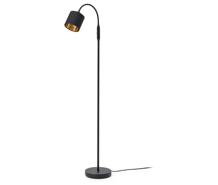 Czarna lampa podłogowa z elastycznym ramieniem i złotym wnętrzem klosza.
