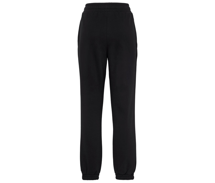 Czarne spodnie dresowe ze sznurkiem w pasie i elastycznymi mankietami.