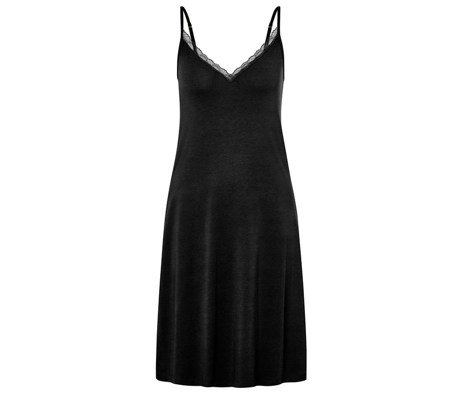 Czarna koszula nocna z koronką przy dekolcie i cienkimi ramiączkami.