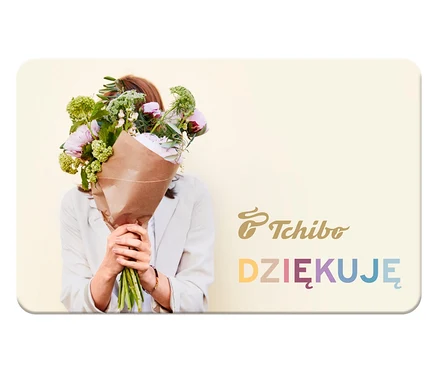 Kobieta trzyma bukiet kwiatów przed twarzą na karcie podarunkowej »Dziękuje«.