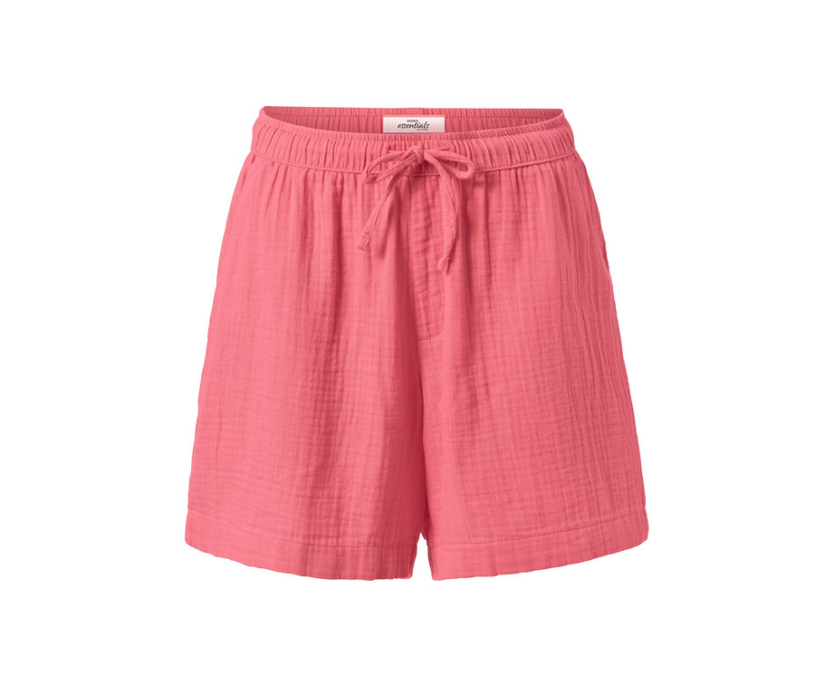 Koralowe spodenki z muślinu z elastycznym pasem i sznurkiem.