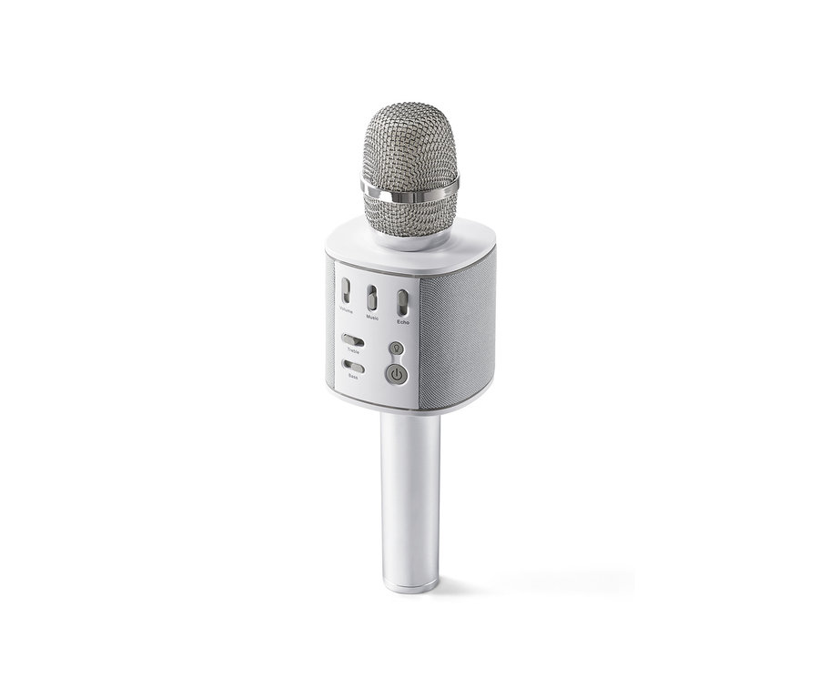 Srebrny mikrofon Bluetooth® do karaoke na białym tle.