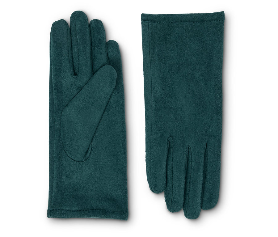 Para petrolkowych rękawic z imitacji skóry welurowej leży obok siebie.