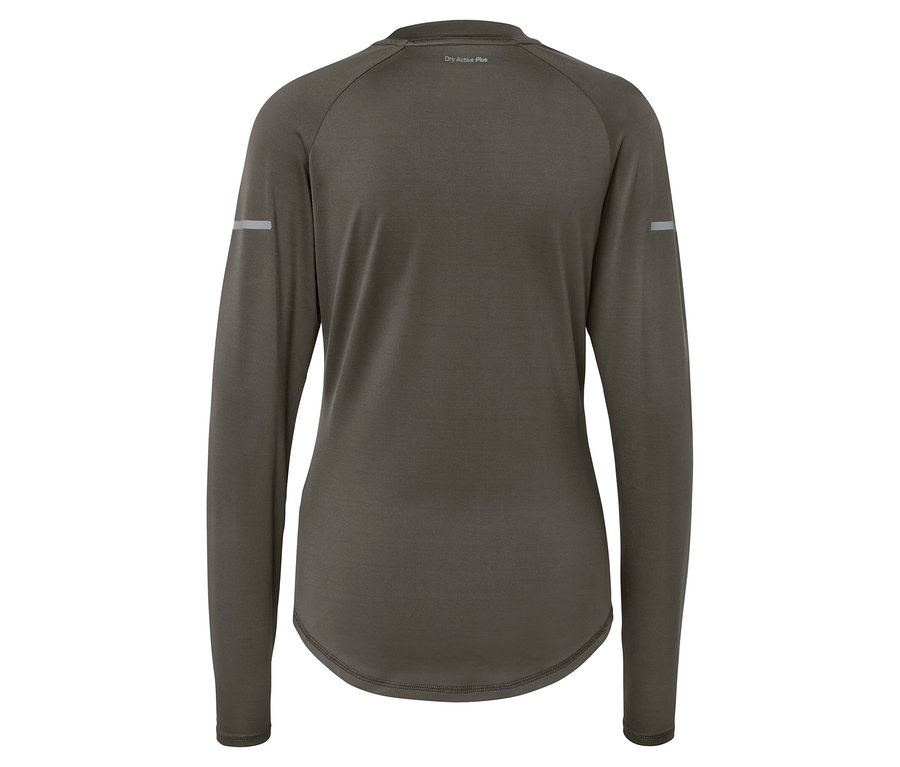 Widok z tyłu oliwkowozielonej koszulki z długim rękawem i odblaskowymi paskami na rękawach.