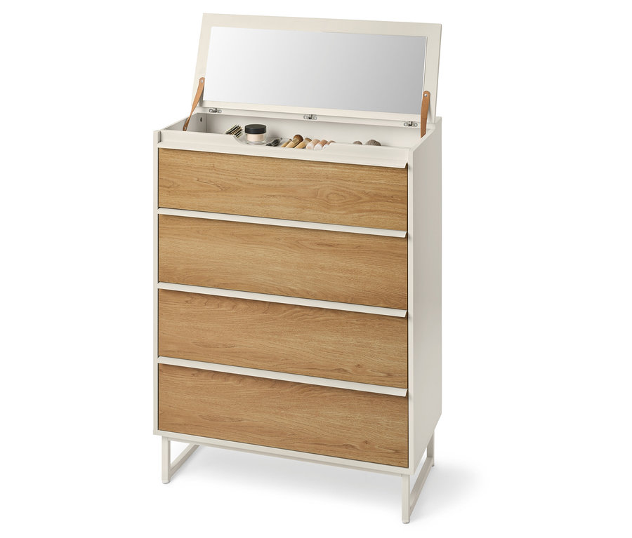 Widok komody z czterema szufladami, otwartym lustrem i kosmetykami.