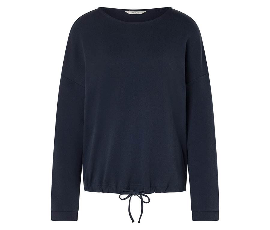 Granatowa bluza z długimi rękawami i ściągaczem u dołu.