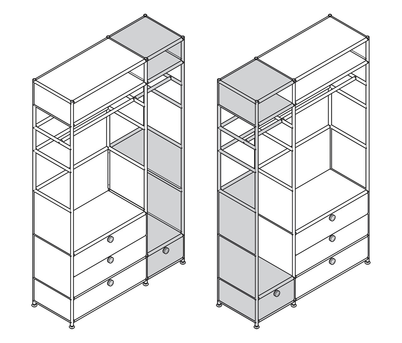 Dwie metalowe garderoby „CN3” z 2 drążkami i 4 szufladami przedstawione w formie grafiki liniowej.