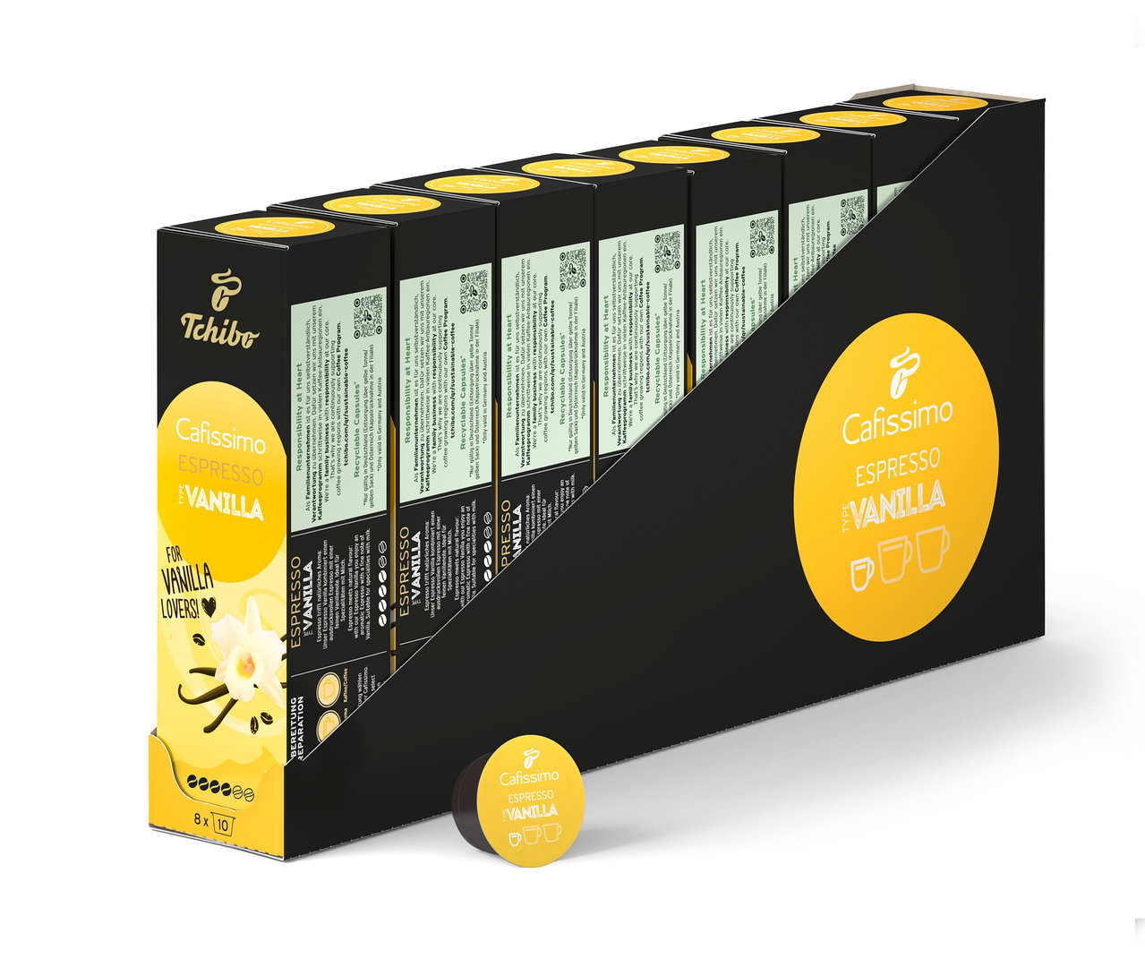 W czarnym opakowaniu znajduje się kilka opakowań Cafissimo Flavoured Espresso – Vanilla – 80 kapsułek.