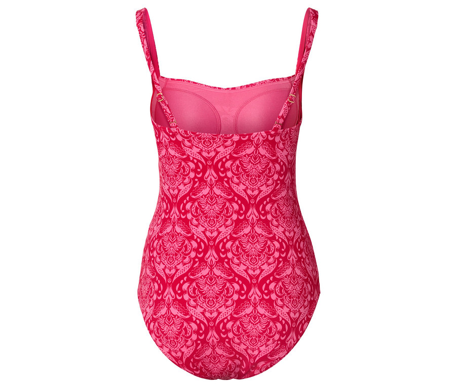Widok z tyłu różowego kostiumu kąpielowego na ramiączkach z wzorem na całej powierzchni.