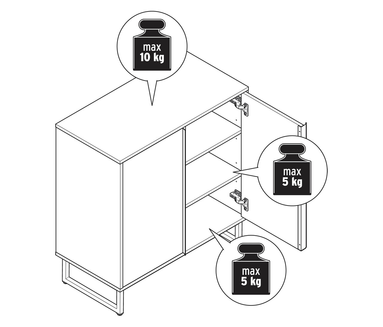 Rysunek komody „LEEG” z dwojgiem drzwi, jedne drzwi otwarte, pokazujące maksymalną wagę 5 kg na półkę.