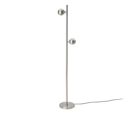Szczotkowana metalowa lampa podłogowa z okrągłą podstawą i dwoma kulistymi kloszami.