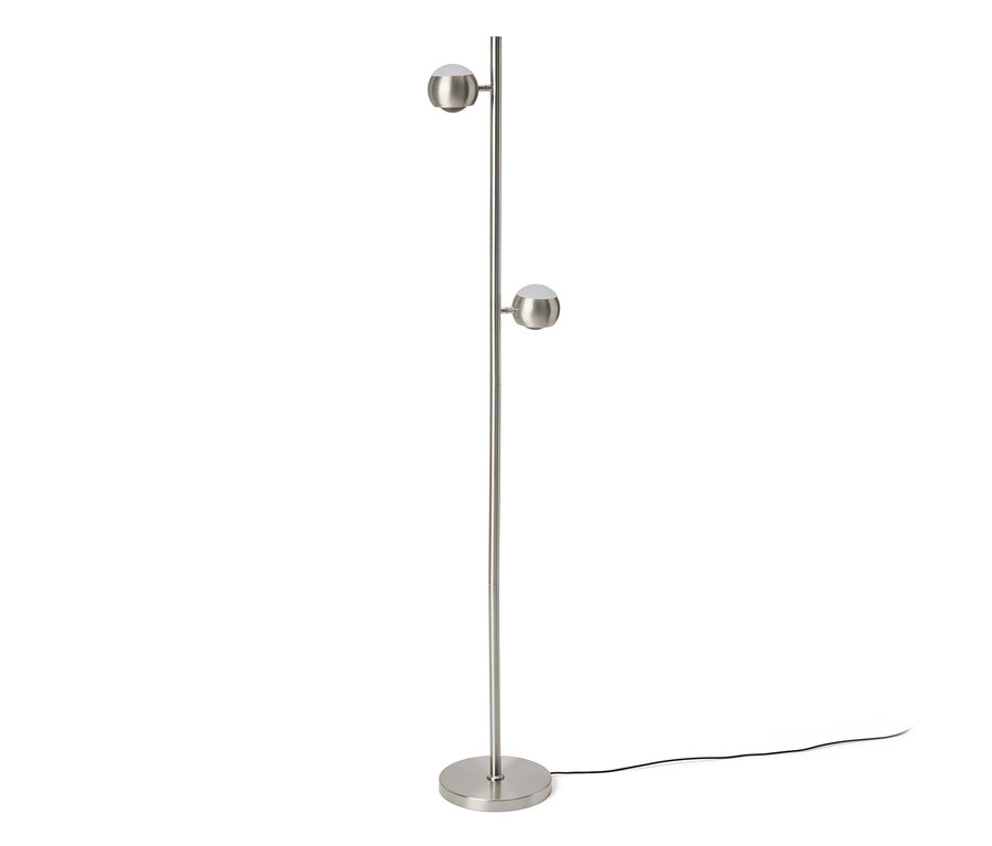 Szczotkowana metalowa lampa podłogowa z okrągłą podstawą i dwoma kulistymi kloszami.