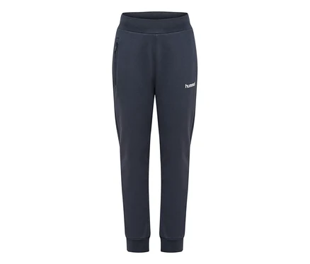 Ciemnoniebieskie spodnie dresowe hummel® „HMLJR Logo Waist Pants” z elastycznym pasem, mankietami, kieszenią na zamek i białym logo.