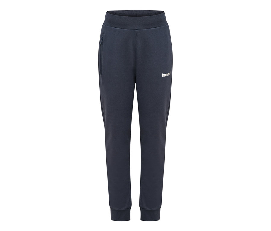 Ciemnoniebieskie spodnie dresowe hummel® „HMLJR Logo Waist Pants” z elastycznym pasem, mankietami, kieszenią na zamek i białym logo.