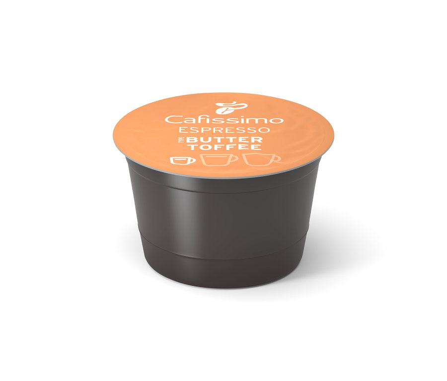 Pojedyncza kapsułka Cafissimo Flavoured Espresso - Buttertoffee na białym tle.