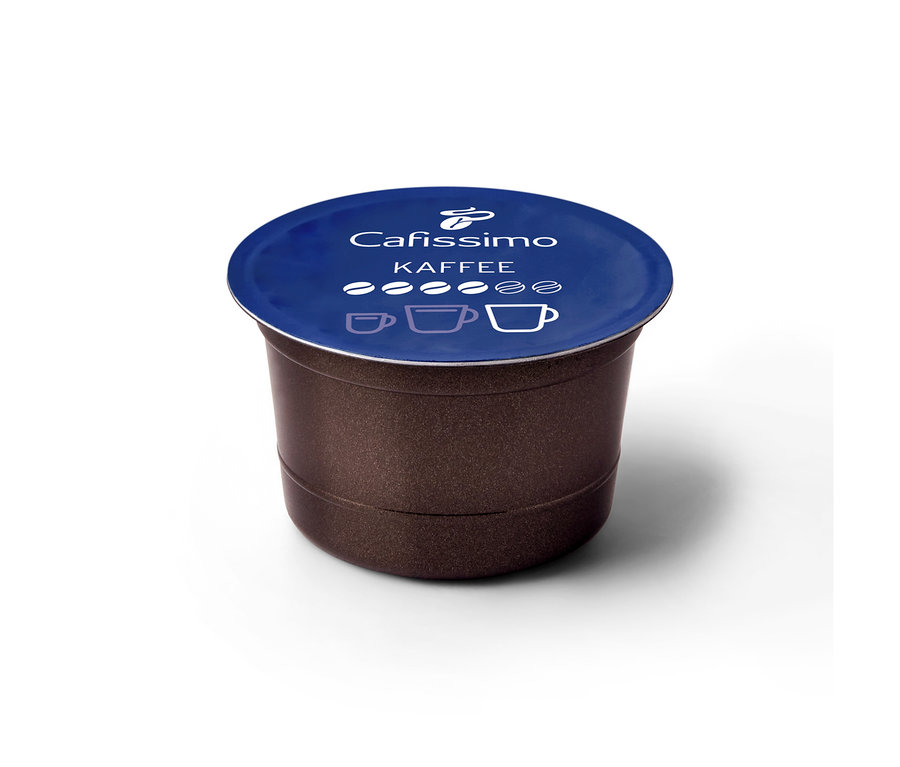 Kapsułka Tchibo Cafissimo Kaffee Intense Aroma z ciemnobrązowym korpusem i granatowym wieczkiem z logo i symbolami intensywności.