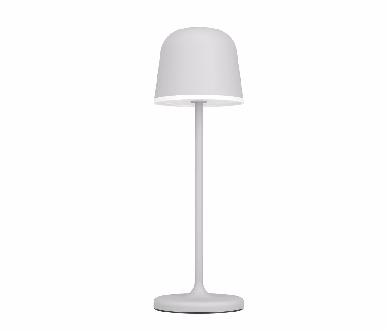 Jasnoszara akumulatorowa lampa stołowa LED Eglo „Mannera” z dzwonkowatym kloszem i smukłą nóżką.