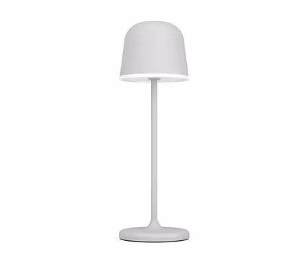 Jasnoszara akumulatorowa lampa stołowa LED Eglo „Mannera” z dzwonkowatym kloszem i smukłą nóżką.