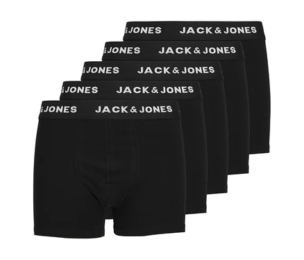 Pięć czarnych bokserek Jack&Jones, ułożonych w stos, z białym logo na pasie, 5-pak.