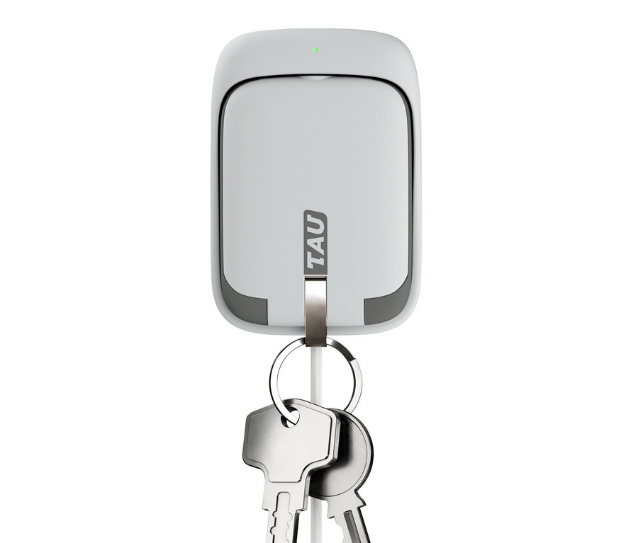Biały powerbank TAU® 3-in-1-Keychain z kluczami.