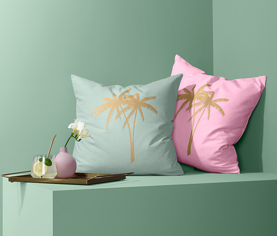 Zestaw 2 poszewek na poduszki ok. 50 x 50 cm, miętowa i różowa z motywem złotej palmy