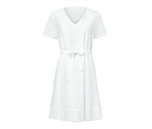 Damska bawełniana sukienka midi z krótkimi rękawami i ażurowym haftem, biała