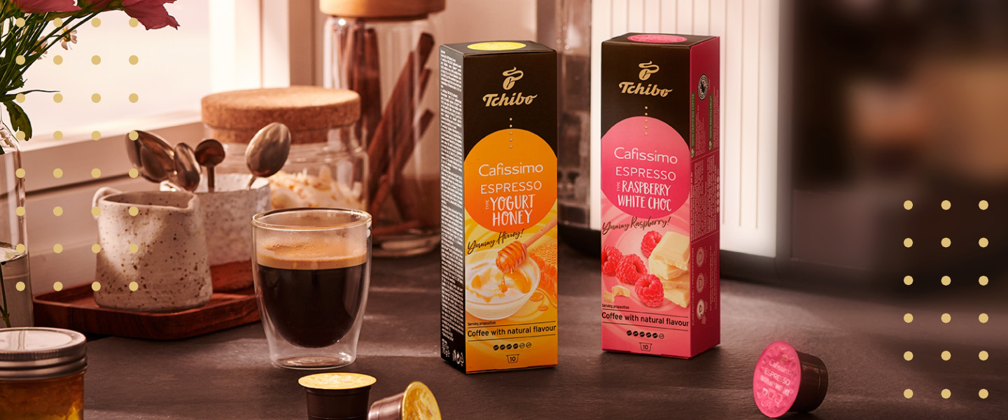 Die Cafissimo Flavoured Soring Edition in den beiden Sorten Espresso Raspberry White Choc und Espresso Yoghurt Honey